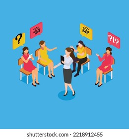 Group of psychological support for pregnant women isometric 3d vector illustration concept for banner, website, illustration, landing page, flyer, etc.