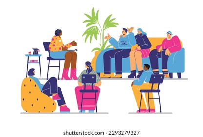 Group psychological therapy of addictions and relationships difficulties. People on group psychotherapy session, flat vector illustration isolated on white background.