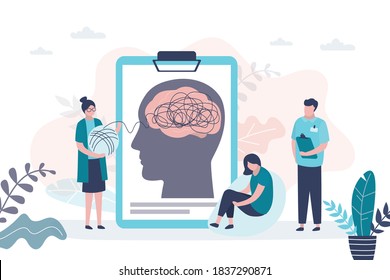 Group of psychologists consulting patient. Psychotherapist examining female patient. Psychologist talks to woman about problems. Concept of healthcare. Psychotherapy session. Flat vector illustration