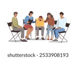 Group psychotherapy in alcoholics anonymous club, with team of people comforting upset man. Alcoholics anonymous section is trying to help friend who is victim of addiction to beer or vodka