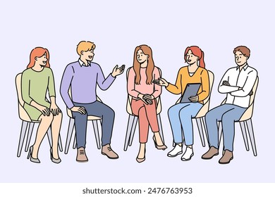 Group psychotherapy in alcoholics anonymous club discussing consequences of giving up beer and vodka. People sit on chairs arranged in semicircle during group psychotherapy session