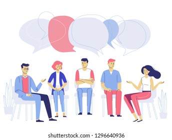 Group psychotherapy counseling concept. Psychologist and young man and woman patients in therapy session. Treatment of stress, addictions and mental problems.