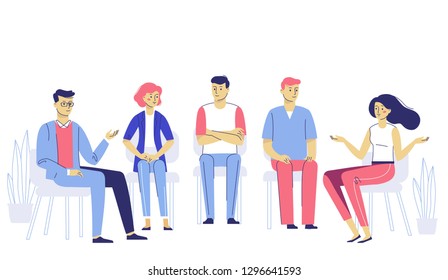 Group psychotherapy counseling concept. Psychologist and young man and woman patients in therapy session. Treatment of stress, addictions and mental problems.