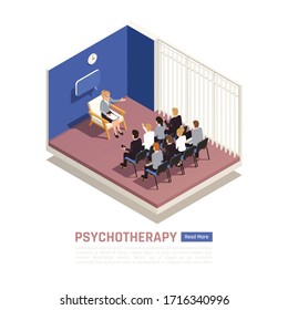 Group psychotherapy counseling session conducted by professional licensed psychologist isometric interior image web page design vector illustration  