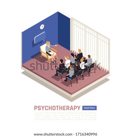 Group psychotherapy counseling session conducted by professional licensed psychologist isometric interior image web page design vector illustration  