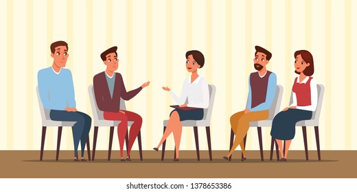 Group psychotherapy flat vector illustration. People at psychology meeting cartoon drawing. Man, woman characters talking with family psychologist. Friends sitting together in room