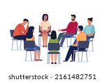 Group psychotherapy. Persons sitting in circle and talking. People meeting. Psychotherapy training, business lecture or conference. Man woman support group. Vector illustration