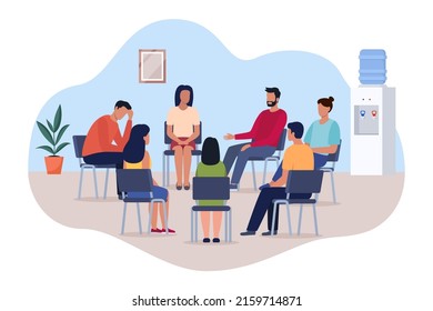 Group psychotherapy. Persons sitting in circle and talking. People meeting. Psychotherapy training, business lecture or conference. Man woman support group. Vector illustration