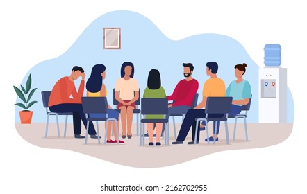 Group psychotherapy. Persons sitting in circle and talking. People meeting. Psychotherapy training, business lecture or conference. Man woman support group. Vector illustration