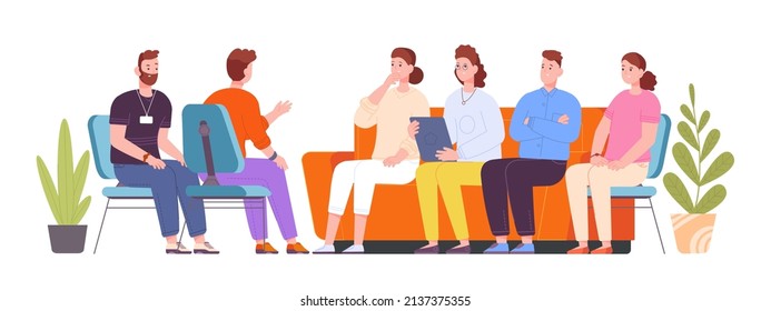 Group psychotherapy. Psychology counseling patient community sitting on chair psychiatrist, therapy meeting people conversation with psychologist, vector illustration. Psychotherapy counseling support