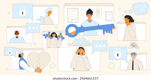 Group psychotherapy remote concept. Psychologist job online. Psychology consultation. Vector flat outline illustration.