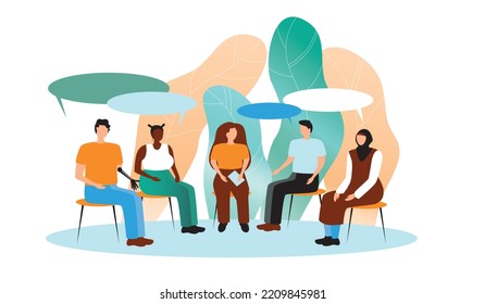 Group psychotherapy in stigmatized group of people, flat vector stock illustration with african person, islamic woman, disabled person with prosthesis