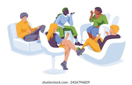 group psychotherapy. A variety of people sitting, listening and talking together. Vector flat illustration