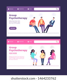 Group psychotherapy web banners template. Male and female group therapy vector landing pages. Illustration of psychotherapist and psychologist, therapy group problem