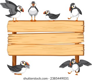 A group of puffin birds standing near a blank wooden signboard