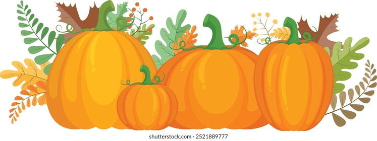 A group of pumpkin with autumn leaves on white background. Autumn Pumpkin group and leaves for Thanksgiving