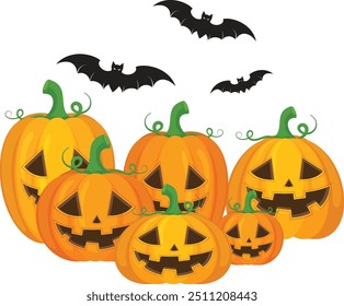 A group of pumpkin cartoon with a bat. Happy halloween animation with pumpkin and bat. Vector illustration 