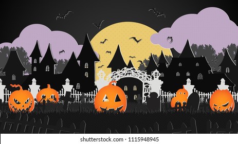 A group of pumpkin are walking happily on Halloween night.Halloween background from vector