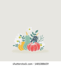 Group of pumpkins of different shapes and colors decorated with branches, leaves and flowers. Simple autumn composition for cards or design.