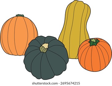 Group of pumpkins of various shapes, sizes and colors.