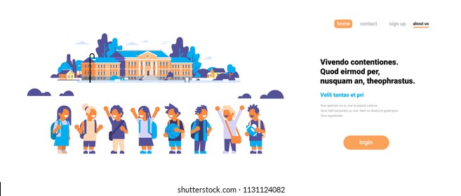 Group pupils children over school building exterior primary happy schoolchildren concept flat banner copy space vector illustration