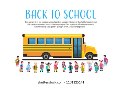 Group pupils children over yellow school bus transport concept on white background flat copy space horizontal vector illustration