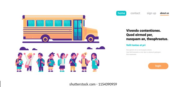Group pupils children over yellow school bus transport concept on white background flat copy space banner vector illustration
