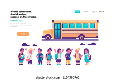 Group pupils children over yellow school bus transport concept on white background flat copy space horizontal vector illustration