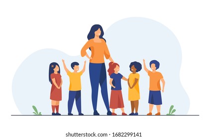 Group of pupils with female school teacher. Diverse children standing by young woman. Vector illustration for pedagogy, kindergarten, education concept