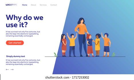 Group of pupils with female school teacher. Diverse children standing by young woman. Vector illustration for pedagogy, kindergarten, education concept