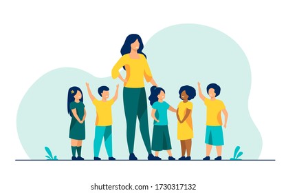 Group of pupils with female school teacher. Diverse children standing by young woman. Vector illustration for pedagogy, kindergarten, education concept