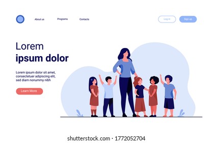 Group of pupils with female school teacher. Diverse children standing by young woman. Vector illustration for pedagogy, kindergarten, education concept