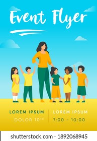Group of pupils with female school teacher. Diverse children standing by young woman. Vector illustration for pedagogy, kindergarten, education concept