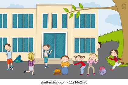 Group of pupils in front of the school. Boy with ball, teenage boy meeting his girlfriend, little girls bullying poor fat boy, boy hiding behind the school building and girl running to the school. 