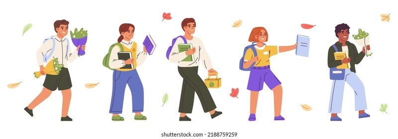 Group of pupils going to elementary or middle school. Diverse small primary students. Collection of children. Flat vector illustration