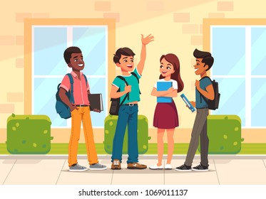 Group Of Pupils Mix Race. Happy School Children With Backpack  Standing And Talking On School Building Background. Vector Illustration In Cartoon Style.