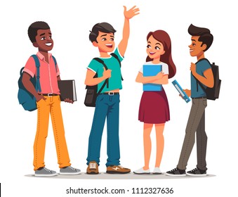 Group of pupils mix race. Happy school children with backpack  standing and talking on a white background. Vector illustration in cartoon style.