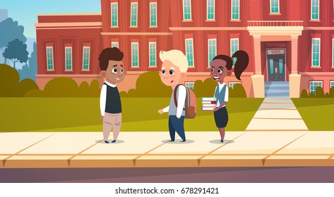 Group Of Pupils Mix Race Stand In Front Of School Building Primary Schoolchildren Talking Students Flat Vector Illustration