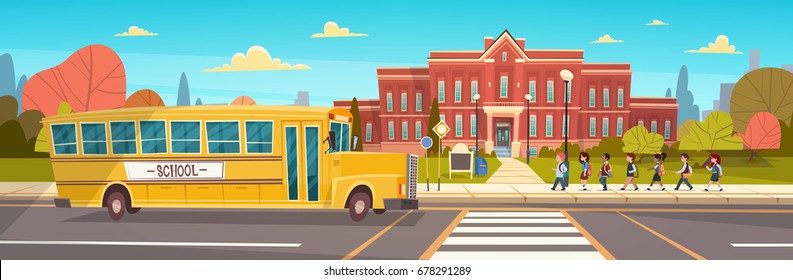 Group Of Pupils Mix Race Walking To School Building From Yellow Bus Primary Schoolchildren Students Flat Vector Illustration