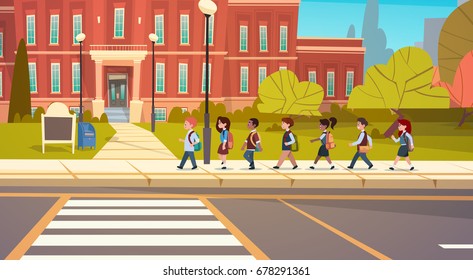 Group Of Pupils Mix Race Walking To School Building Primary Schoolchildren Students Flat Vector Illustration