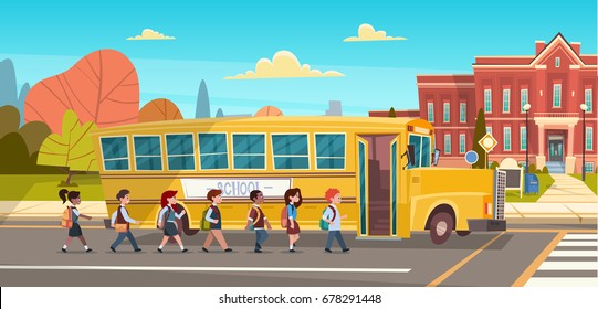 Group Of Pupils Mix Race Walking To School Building From Yellow Bus Primary Schoolchildren Students Flat Vector Illustration