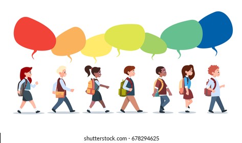Group Of Pupils Mix Race Walking With Chat Bubbles School Children Isolated Diverse Small Primary Students Flat Vector Illustration