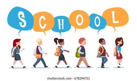 Group Of Pupils Mix Race Walking Back To School Schoolchildren Isolated Diverse Small Primary Students Flat Vector Illustration