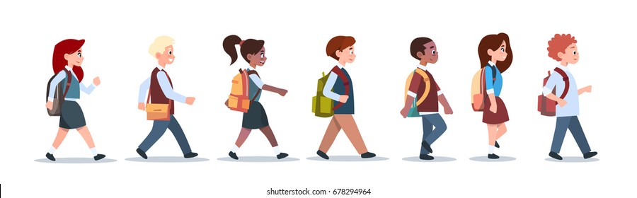Group Of Pupils Mix Race Walking School Children Isolated Diverse Small Primary Students Flat Vector Illustration