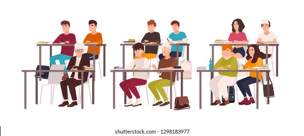 Group of pupils sitting at desks in classroom, demonstrating good behavior and attentively listening to lesson or lecture. Obedient teenage children or students. Flat cartoon vector illustration.