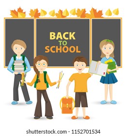 Group of pupils standing in front of the school board. Happy boys and girls with school supplies. Vector illustration on white background.