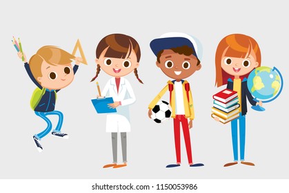 Group of pupils is standing and jumping together, holding books, pencils, ruller, globe, ball. Vector illustration. Flat design.