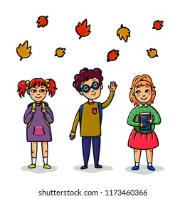 Group of pupils standing together with books and backpacks. Set of pupils. Back to school concept. Cartoon Vector illustration.