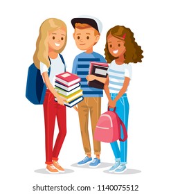  Group of pupils standing together, holding books. Vector illustration. Flat design. 