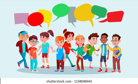 Group Of Pupils Vector. School. Mix Race. Chat Bubbles. Communication Bubble. Teamwork. Lifestyle. Message. Flat Cartoon Illustration
